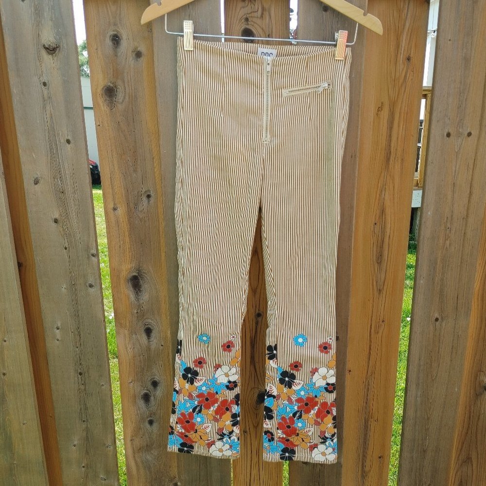 Urban Outfitters BDG Mustard Striped High Waisted Pants with Floral Hem W24
